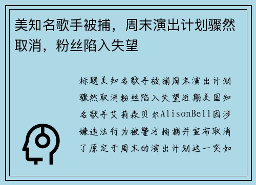 美知名歌手被捕，周末演出计划骤然取消，粉丝陷入失望