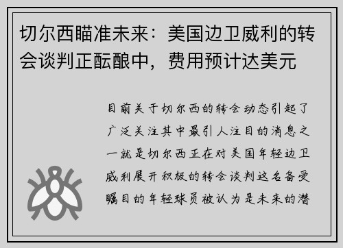 切尔西瞄准未来：美国边卫威利的转会谈判正酝酿中，费用预计达美元