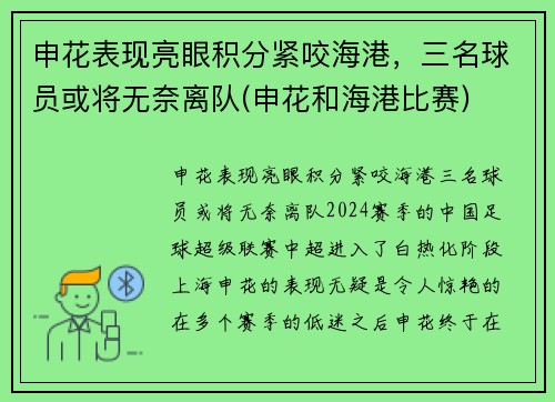 申花表现亮眼积分紧咬海港，三名球员或将无奈离队(申花和海港比赛)